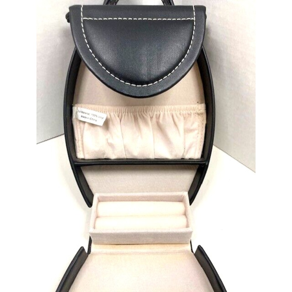 New Black Leather Travel Jewelry Case Mirror, Hard Outer Snap Case - Picture 6 of 13